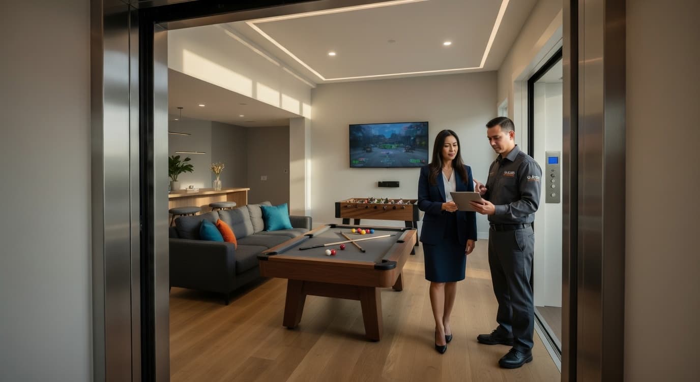 View from inside a residential elevator looking out through the doorway into a game room, where a technician in uniform with an iPad and a real estate agent stand together as the tech explains about the residential elevator on the far side