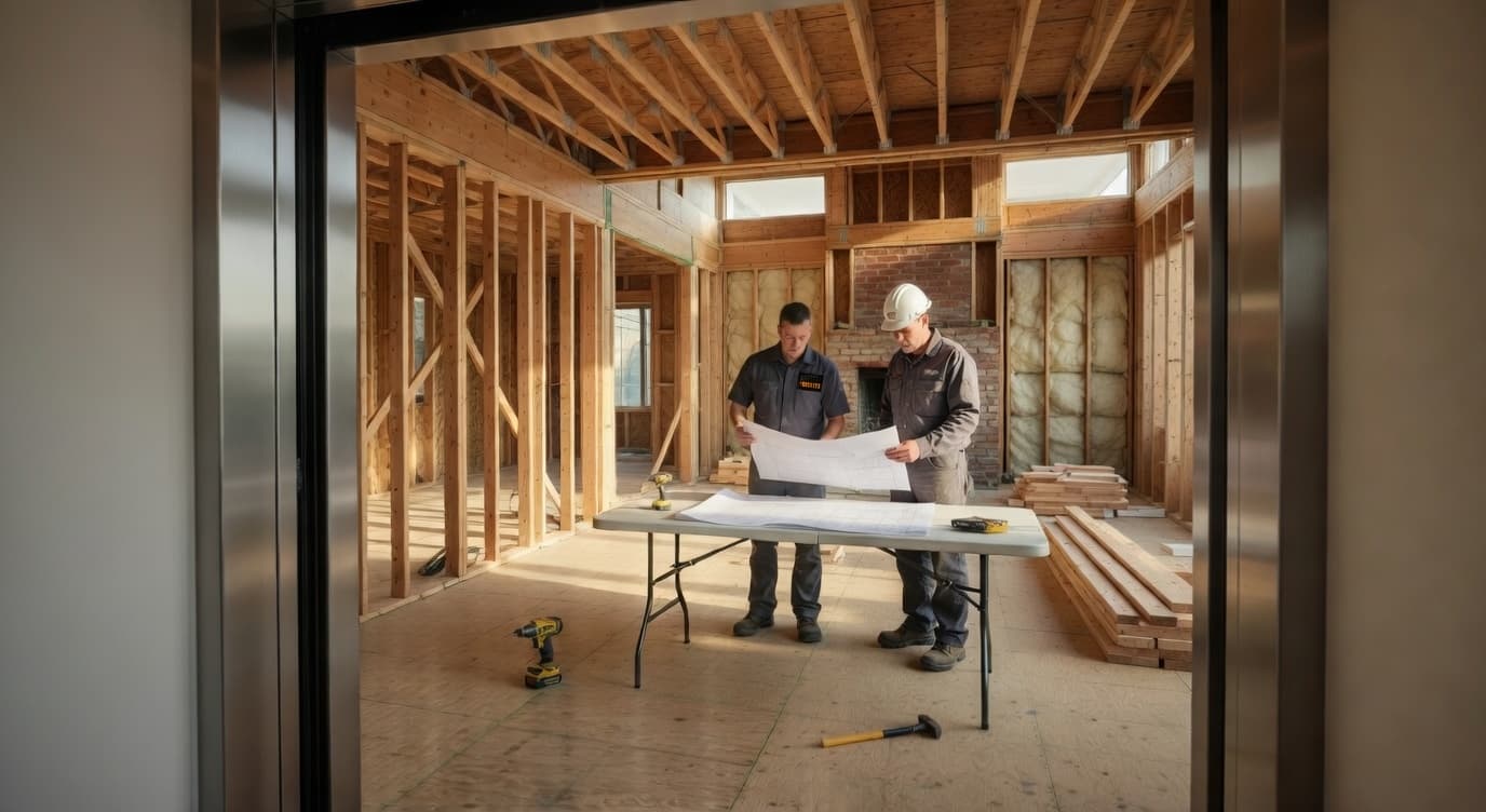 View from inside a residential elevator looking out through the doorway into new home construction with exposed framing, where a technician in a dark grey uniform and a general contractor review elevator installation plans at a temporary table